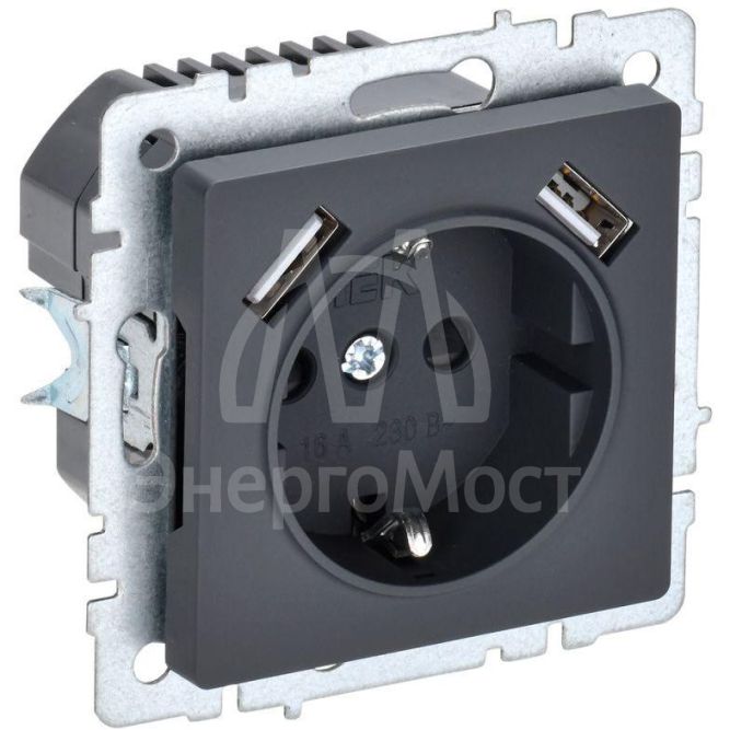 Розетка BRITE РЮш10-1-БрГ 16А с USB A+A 2.1А с заземл. защ. шторки графит IEK BR-R14-16-U21-D21-K53