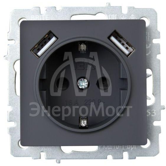 Розетка BRITE РЮш10-1-БрГ 16А с USB A+A 2.1А с заземл. защ. шторки графит IEK BR-R14-16-U21-D21-K53