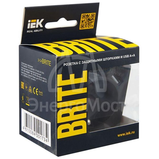 Розетка BRITE РЮш10-1-БрГ 16А с USB A+A 2.1А с заземл. защ. шторки графит IEK BR-R14-16-U21-D21-K53