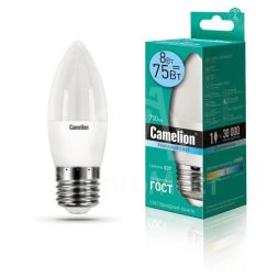 Лампа светодиодная LED8-C35/845/E27 8Вт свеча 4500К бел. E27 750лм 170-265В Camelion 12390
