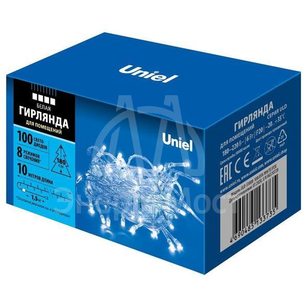 Гирлянда LED ULD-S1000-100/DTA WHITE IP20 10м 100 диодов бел. свет провод прозр. Uniel UL-00007201