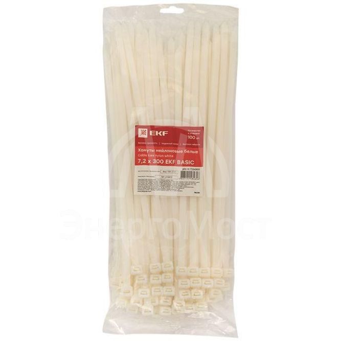 Хомут кабельный 7.2х300 нейл. бел. (уп.100шт) EKF plc-c-7.2x300