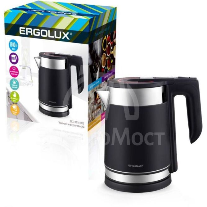 Чайник электрический ELX-KS10-C02 нерж. сталь/пластик 1.8л 220-240В 1800Вт черн. Ergolux 15328