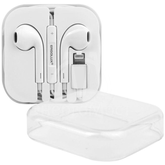Наушники вкладыши с микрофоном ELX-WHP04-C01 проводные Lightning 1.2м коробка+бокс бел. ERGOLUX 15285