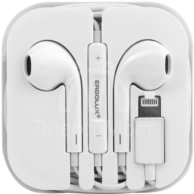 Наушники вкладыши с микрофоном ELX-WHP04-C01 проводные Lightning 1.2м коробка+бокс бел. ERGOLUX 15285