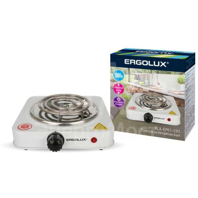 Электроплитка ELX-EP01-C01 1 конф. спиральный нагр. эл. 1000Вт 220-240В бел. Ergolux 13436