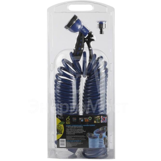 Набор шланг спиральный с коннекторами + пистолет-распылитель 15м х9мм (3/8) 8 бар (1/6) Green Apple Б0003089
