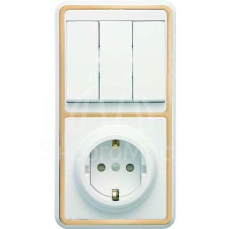 Блок БКВР-036 Бэлла (3-кл. выкл. + евророзетка с защ. шторками) зол. Кунцево 5848