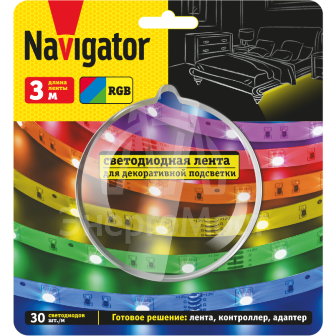Лента светодиодная 95 143 NLS-SET-01 RGB 3м 30шт/м адаптер 1м IP20 Navigator 95143