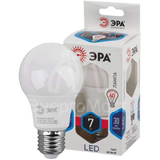 Лампа светодиодная A60-7w-840-E27 грушевидная 560лм ЭРА Б0029820