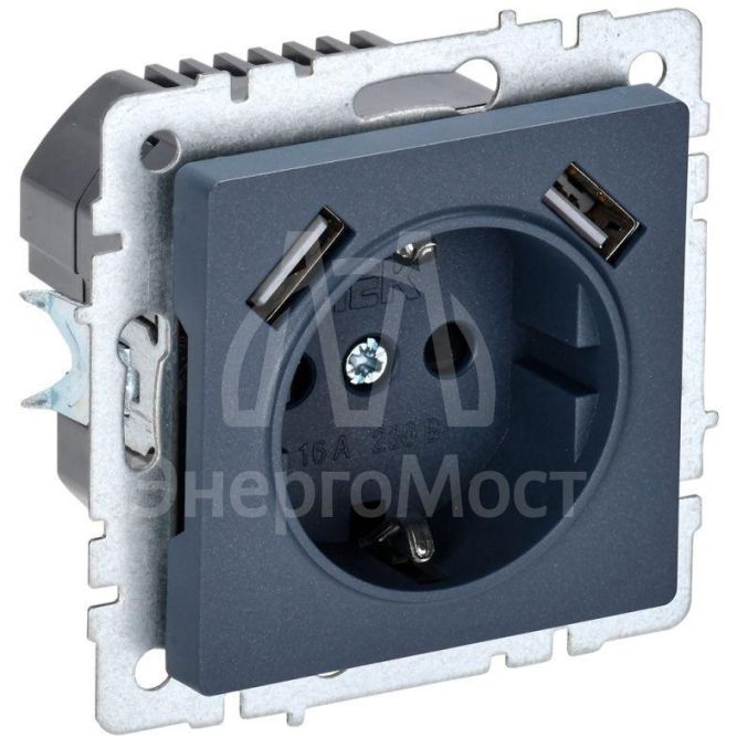 Розетка BRITE РЮш10-1-БрМ 16А с USB A+A 2.1А с заземл. защ. шторки маренго IEK BR-R14-16-U21-D21-K35