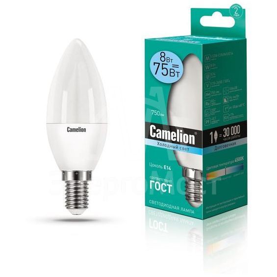 Лампа светодиодная LED8-C35/845/E14 8Вт свеча 4500К бел. E14 750лм 170-265В Camelion 12386