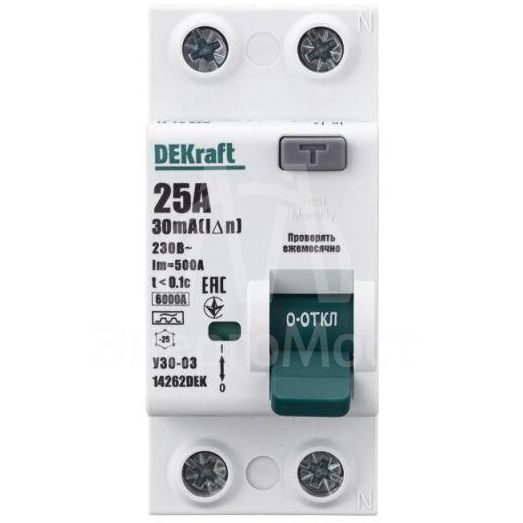 Выключатель дифференциального тока (УЗО) 2п 25А 30мА тип A 6кА УЗО-03 DEKraft 14262DEK