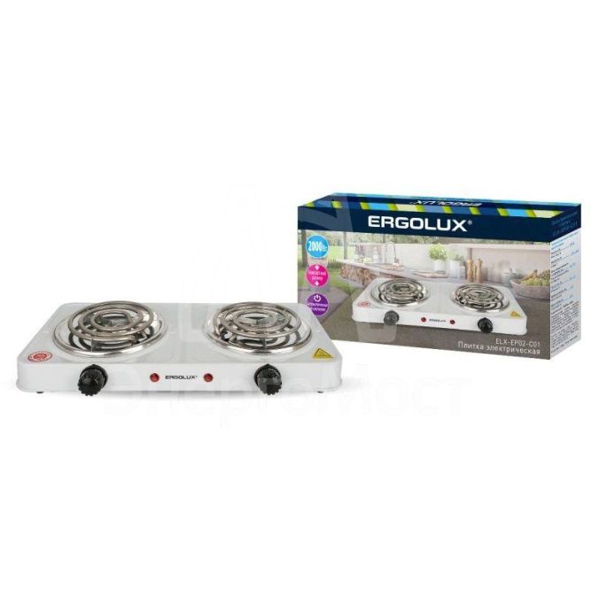 Электроплитка ELX-EP02-C01 2 конф. спиральный нагр. эл. 2000Вт 220-240В бел. Ergolux 13437