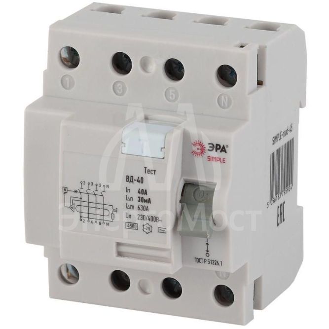 Выключатель дифференциального тока (УЗО) 4п 63А/30мА ВД-40 (электронное) SIMPLE-mod-46 ЭРА Б0039266