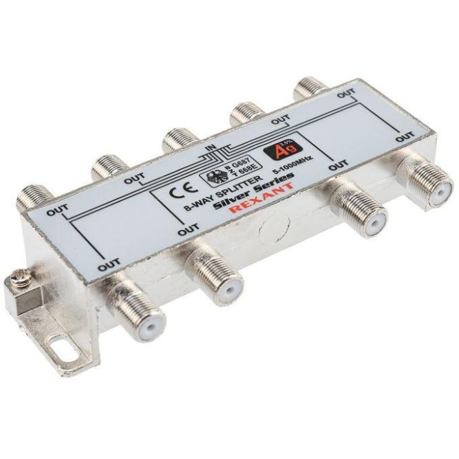 Делитель ТВх8 + 9шт F 5-1000 МГц (Silver) box (уп.5шт) Rexant 05-6105