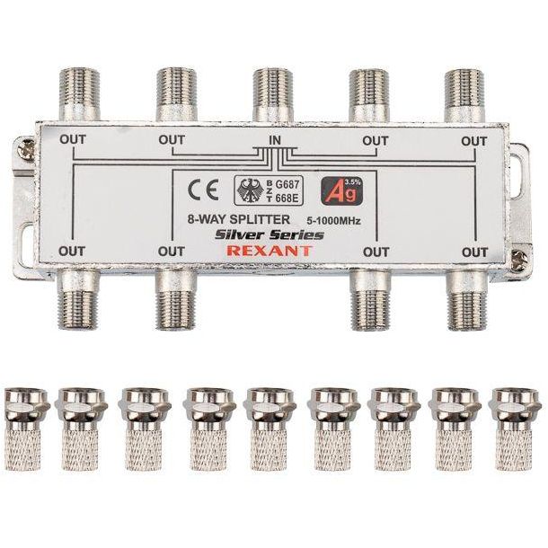 Делитель ТВх8 + 9шт F 5-1000 МГц (Silver) box (уп.5шт) Rexant 05-6105