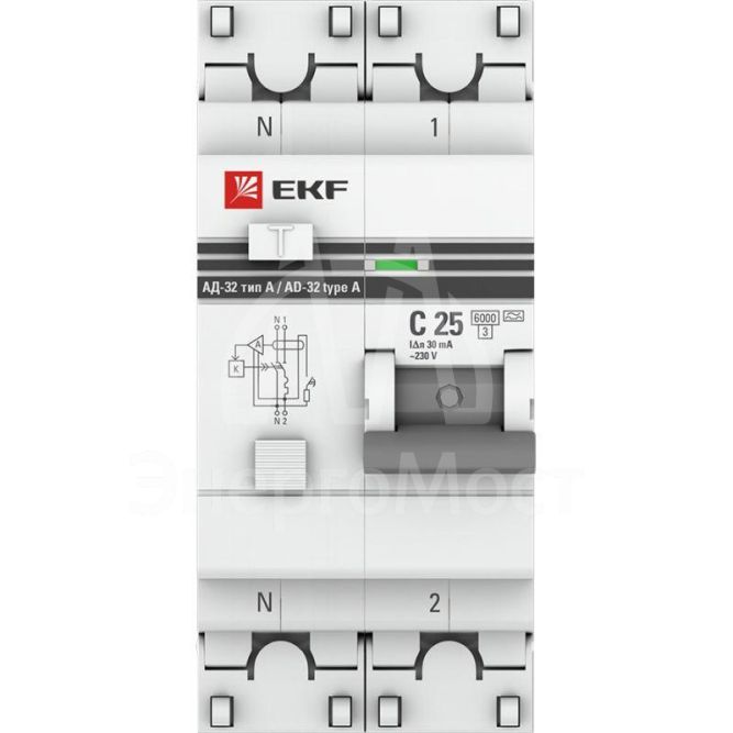 Выключатель автоматический дифференциального тока 2п (1P+N) C 25А 30мА тип A 6кА АД-32 защита 270В электрон. PROxima EKF DA32-6-25-30-a-pro