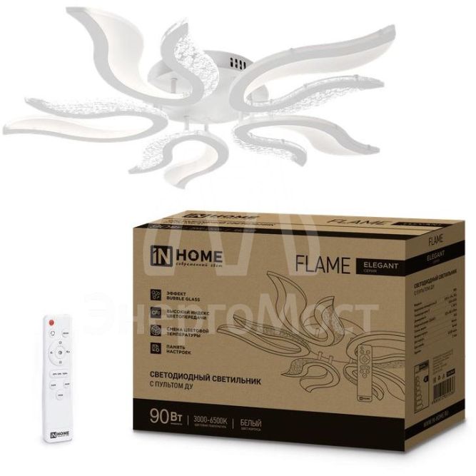 Светильник светодиодный ELEGANT FLAME 90Вт 3000-6500К 7000лм 230В 820х802х87мм с пультом ДУ бел. IN HOME 4690612051536