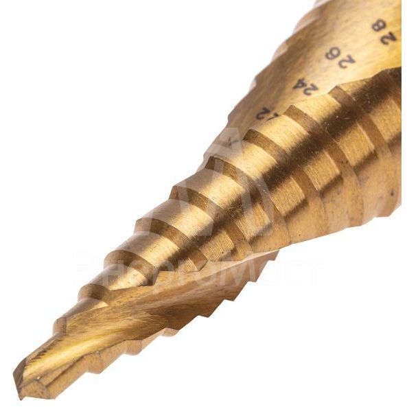 Сверло ступенчатое 6-8-10-12-14-16-18-20-22-24-26-28-30мм Р6М5 ТИТАН трехгр. хвостовик Kranz KR-12-6616