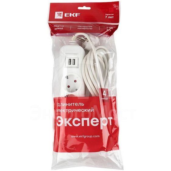 Удлинитель 4х5м 16А IP20 Эксперт 3.5кВт 2хUSB 2.1А ПВС 3х1 PROxima EKF UBA16-2USB-4-05i