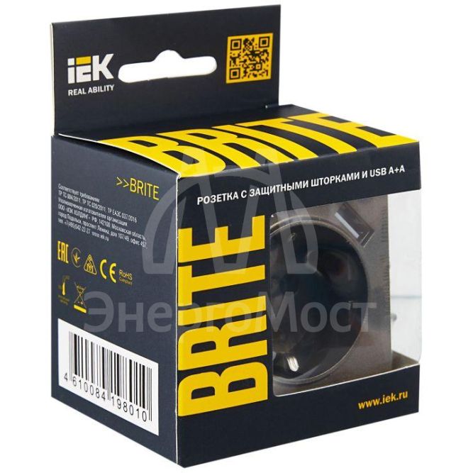 Розетка BRITE РЮш10-1-БрТБ 16А с USB A+A 2.1А с заземл. защ. шторки темн. бронза IEK BR-R14-16-U21-D21-K45