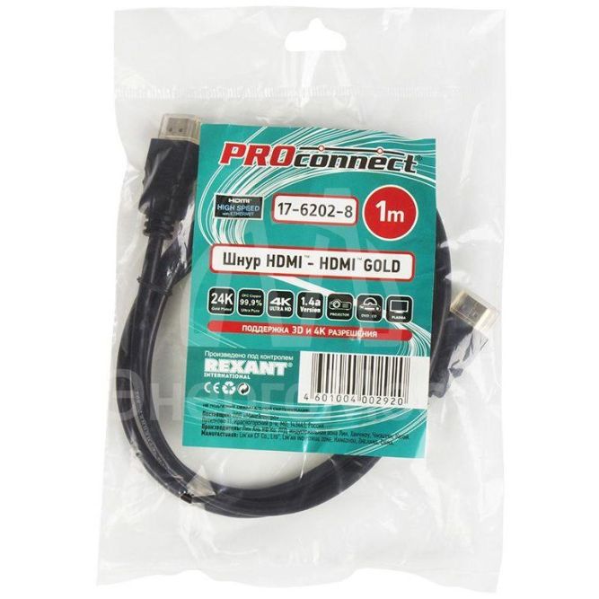 Шнур HDMI - HDMI gold 1м без фильтров (PE bag) PROCONNECT 17-6202-8