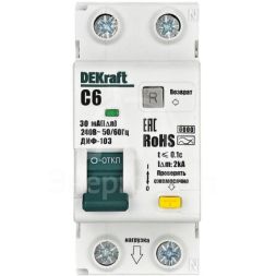 Выключатель автоматический дифференциального тока (АВДТ) 1P+N 6А 30мА AC х-ка C ДИФ-103 6кА DEKraft 16309DEK