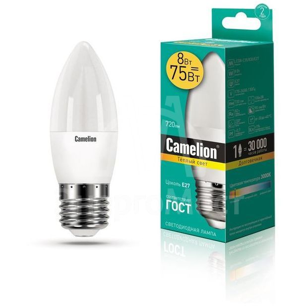 Лампа светодиодная LED8-C35/830/E27 8Вт свеча 3000К тепл. бел. E27 720лм 170-265В Camelion 12389