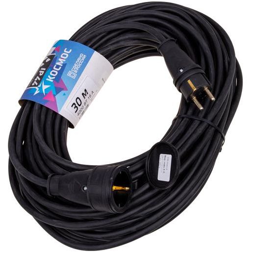 Удлинитель-шнур 1х30м 16А IP44 250В 4кВт черн. каучук КГ 3х2.5 УХз16 Россия КОСМОС YSHKsm30m-1g(16A)KG