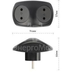 Разветвитель электрический SPx-2-B на 2 розетки без заземл. 10А черн. Эра Б0059720