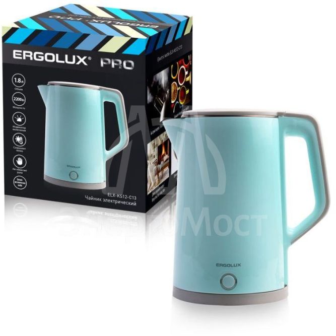 Чайник электрический ELX-KS12-C13 PRO нерж. сталь/пластик 1.8л 220-240В 2200Вт голуб. Ergolux 15330