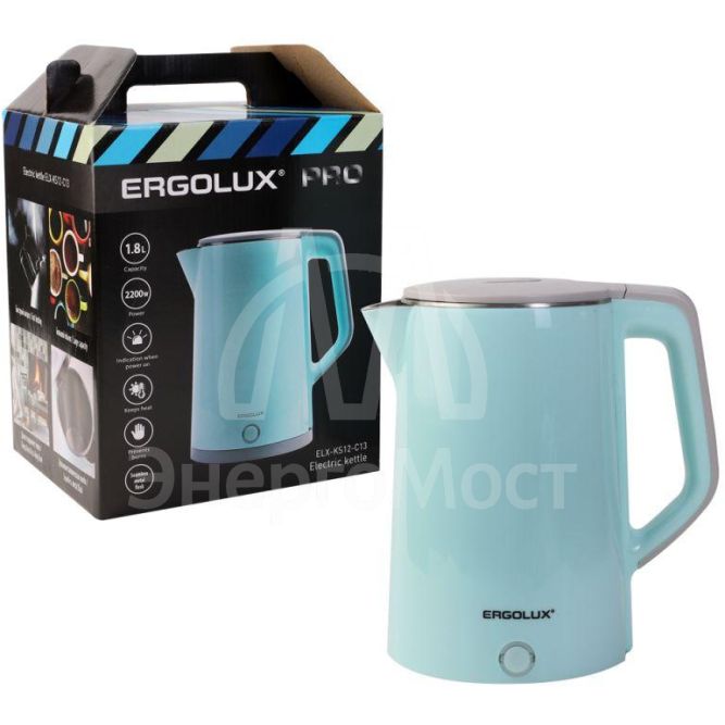 Чайник электрический ELX-KS12-C13 PRO нерж. сталь/пластик 1.8л 220-240В 2200Вт голуб. Ergolux 15330