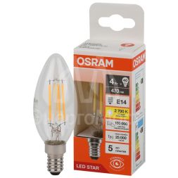 Лампа светодиодная филаментная LS CLB40 4W/827 230VFILCL 4Вт 2700К тепл. бел. E14 470лм B угол пучка 300град. 220-240В (замена 40Вт) прозр. стекло OSRAM 4058075683877