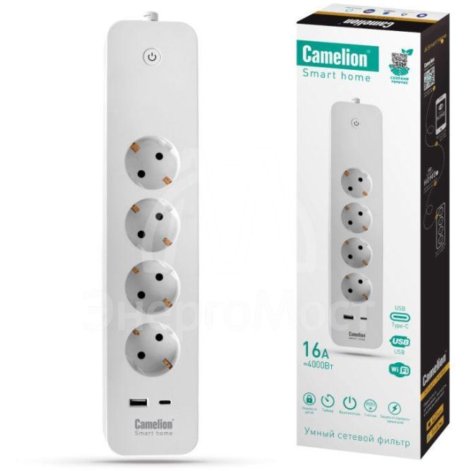 Фильтр сетевой умный Smart Home SZD/SH/4х1.5/WIFI 4гн.1.5м 16А 4000В USB+Type-С WiFi+Счетчик Camelion 14800