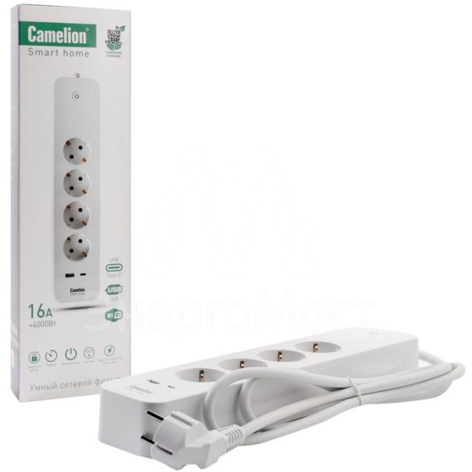Фильтр сетевой умный Smart Home SZD/SH/4х1.5/WIFI 4гн.1.5м 16А 4000В USB+Type-С WiFi+Счетчик Camelion 14800