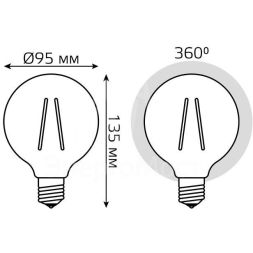Лампа светодиодная филаментная Black Filament 6Вт G95 шар 2700К тепл. бел. E27 630лм GAUSS 105802106