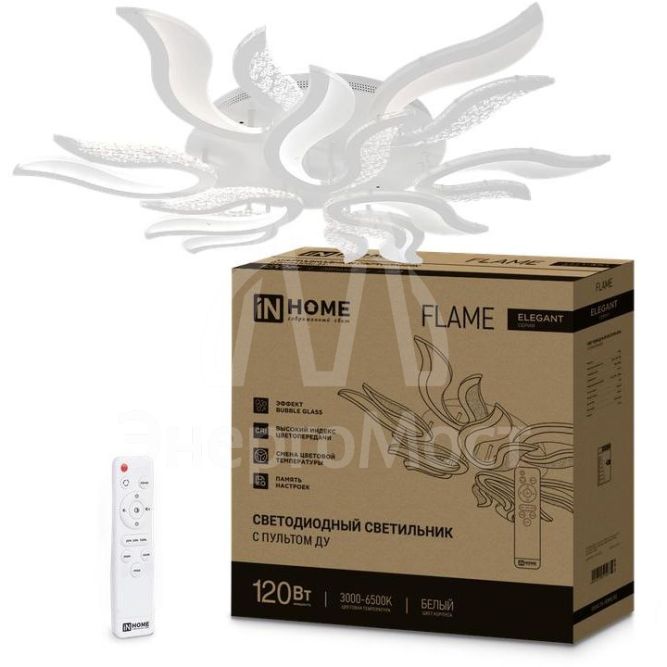 Светильник светодиодный ELEGANT FLAME 120Вт 3000-6500К 8400лм 230В 1035х895х120мм с пультом ДУ бел. IN HOME 4690612051543