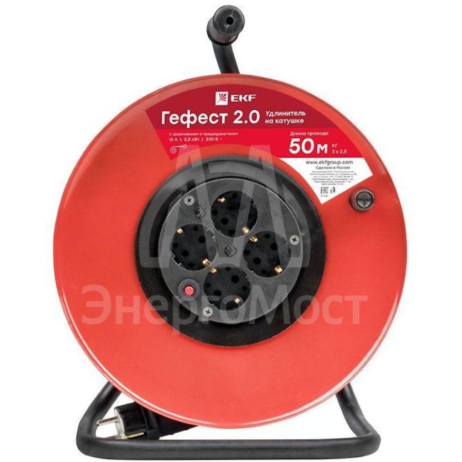 Удлинитель на катушке 4х50м с заземл. 16А IP44 Гефест 2.0 КГ 3х2.5 3.5кВт предохр. PROxima EKF UKG02-16-R325-4-50-IP44