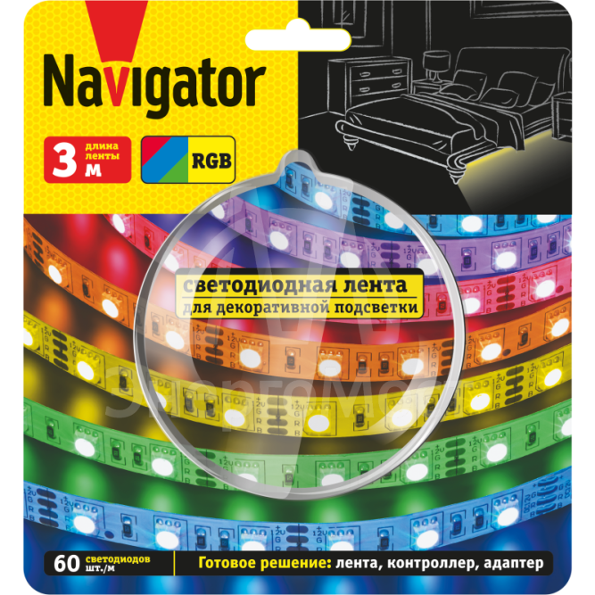 Лента светодиодная 95 145 NLS-SET-03 RGB 3м 60шт/м адаптер 1м IP20 Navigator 95145