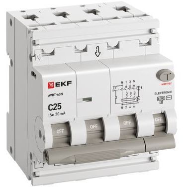 Выключатель автоматический дифференциального тока 4п (3P+N) C 25А 30мА тип AC 6кА АВДТ-63N электронный PROxima EKF D63N46E25C30