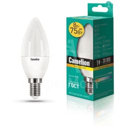 Лампа светодиодная LED8-C35/830/E14 8Вт свеча 3000К тепл. бел. E14 720лм 170-265В Camelion 12385