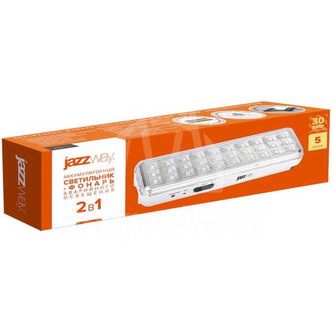 Светильник-фонарь светодиодный Accu9-L30-wh 30SMD яркий(300Лм)2ч/эконом(90Лм)6ч 220В/акк. Li-ion/3.7В/1200мАч аварийный бел. JazzWay 5024533