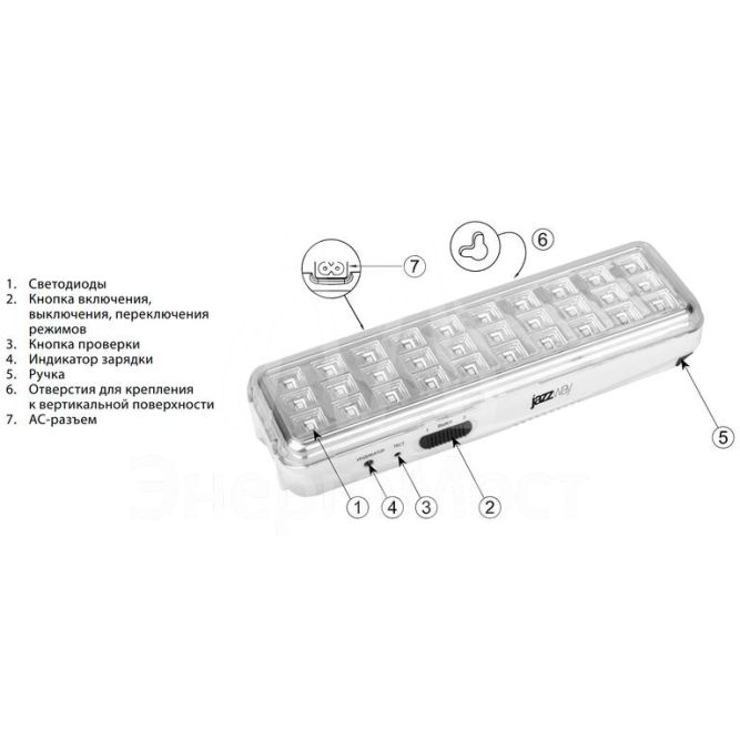 Светильник-фонарь светодиодный Accu9-L30-wh 30SMD яркий(300Лм)2ч/эконом(90Лм)6ч 220В/акк. Li-ion/3.7В/1200мАч аварийный бел. JazzWay 5024533