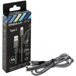 Кабель USB-Type C ELX-CDC08-C41 3А 1.2м черн./бел. ткань зарядка+ПД коробка Ergolux 15309