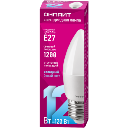 Лампа светодиодная 90 059 OLL-C37-12-230-6.5K-E27-FR 12Вт свеча 6500К холод. бел. E27 1200лм 176-264В ОНЛАЙТ 90059