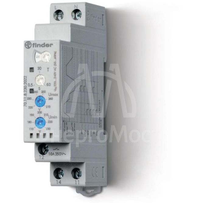 Реле контрольное для 1-фазных сетей пониженное/повышенное напряжение настраиваемые диапазоны выход 1CO 10А модул. шир. 17.5мм FINDER 701182302022