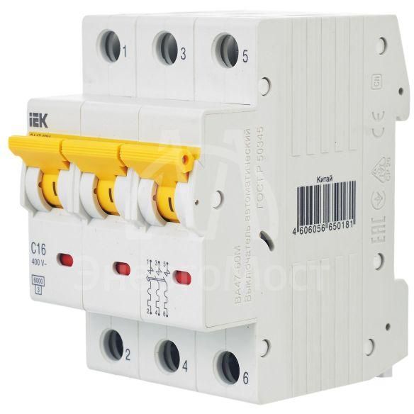 Выключатель автоматический модульный 3п C 16А 6кА ВА47-60M IEK MVA31-3-016-C