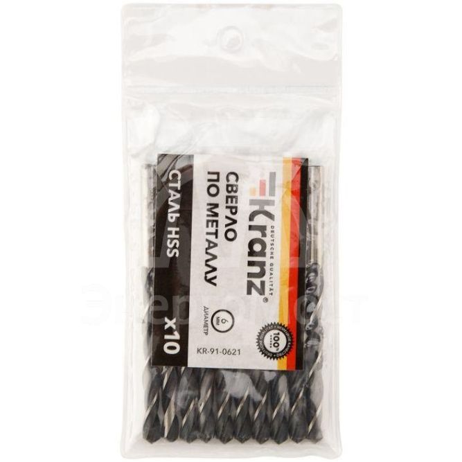 Сверло по металлу 6.0мм HSS DIN 338 (уп.10шт) Kranz KR-91-0621