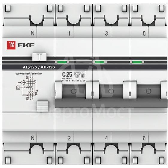Выключатель автоматический дифференциального тока 4п (3P+N) 25А 100мА АД-32 селект. PROxima EKF DA32-25-100S-4P-pro